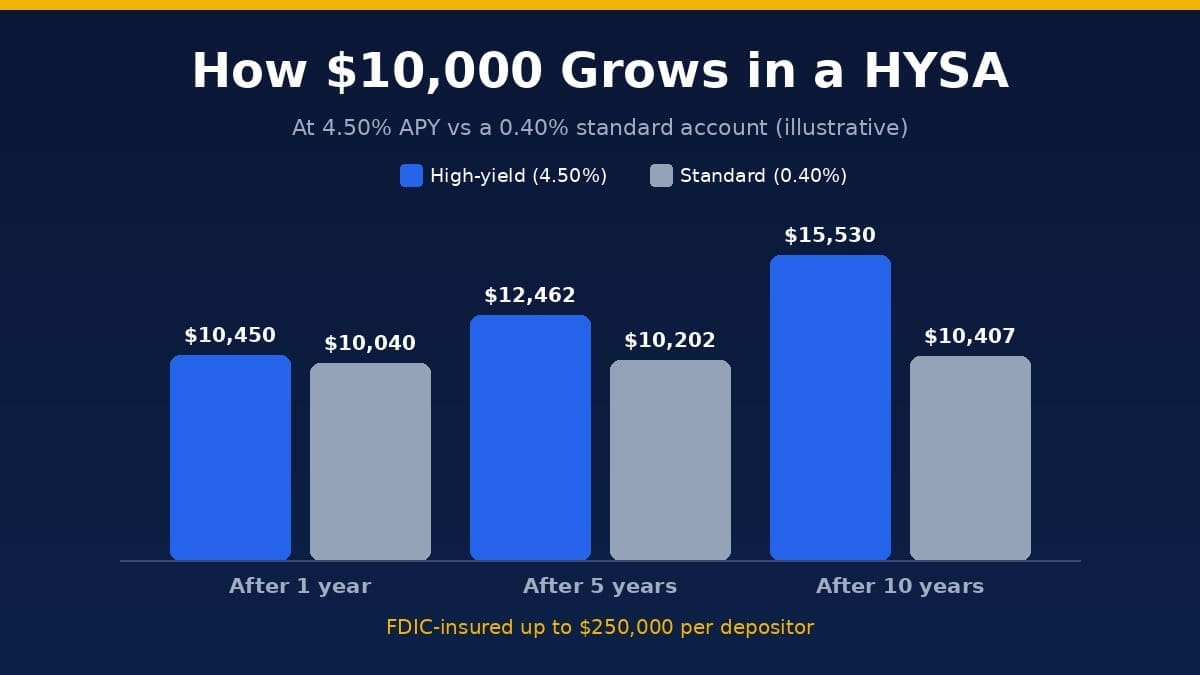 how $10,000 grows in a high-yield savings account vs a standard account