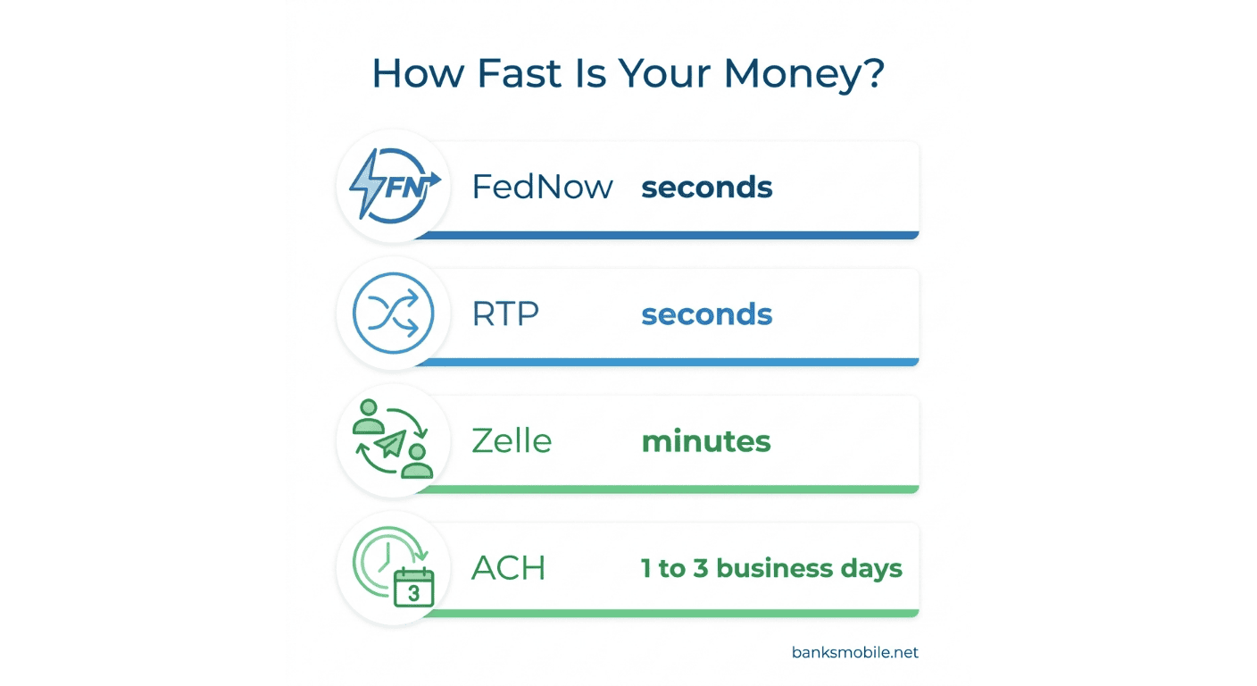 Instant bank transfer speed comparison: FedNow and RTP in seconds versus ACH in days