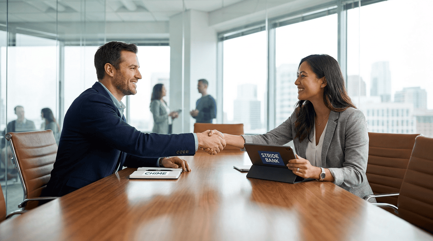 A professional handshake symbolizing the agreement in the Chime Stride Bank acquisition.