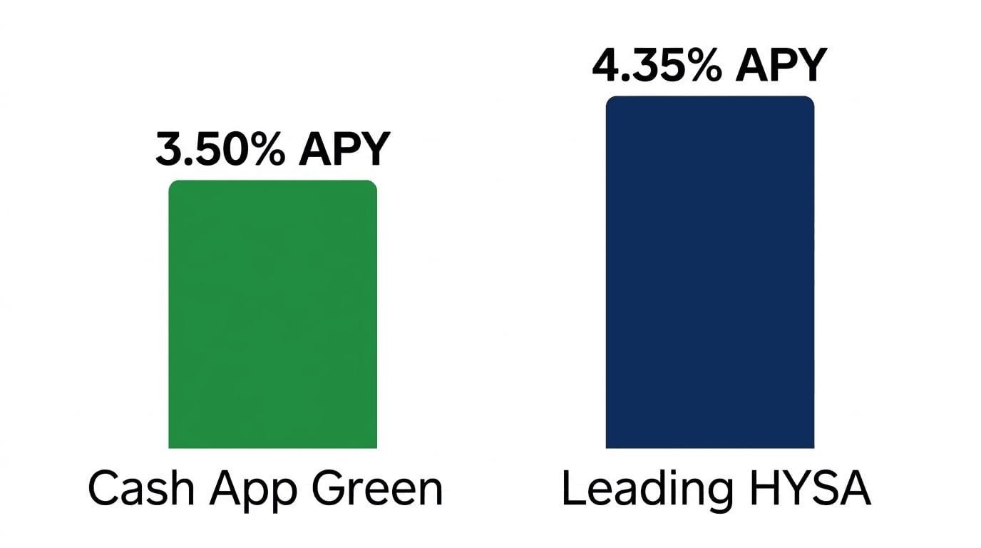 Bar chart answering is Cash App savings high yield: 3.50% APY with Cash App Green vs 4.35% APY at a leading HYSA