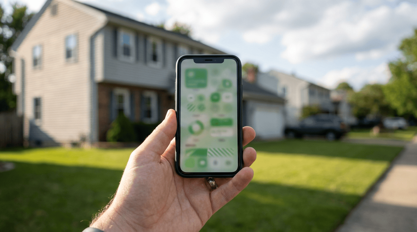 A person holding a phone with a banking app outside a US home, illustrating the Chime Stride Bank acquisition's impact on members