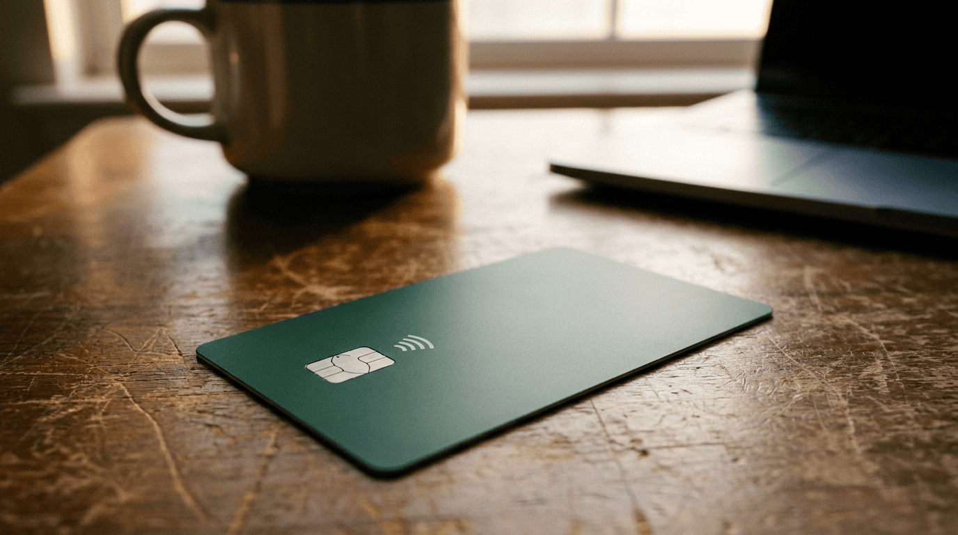 A plain green debit card on a desk, representing a member account after the Chime Stride Bank acquisition