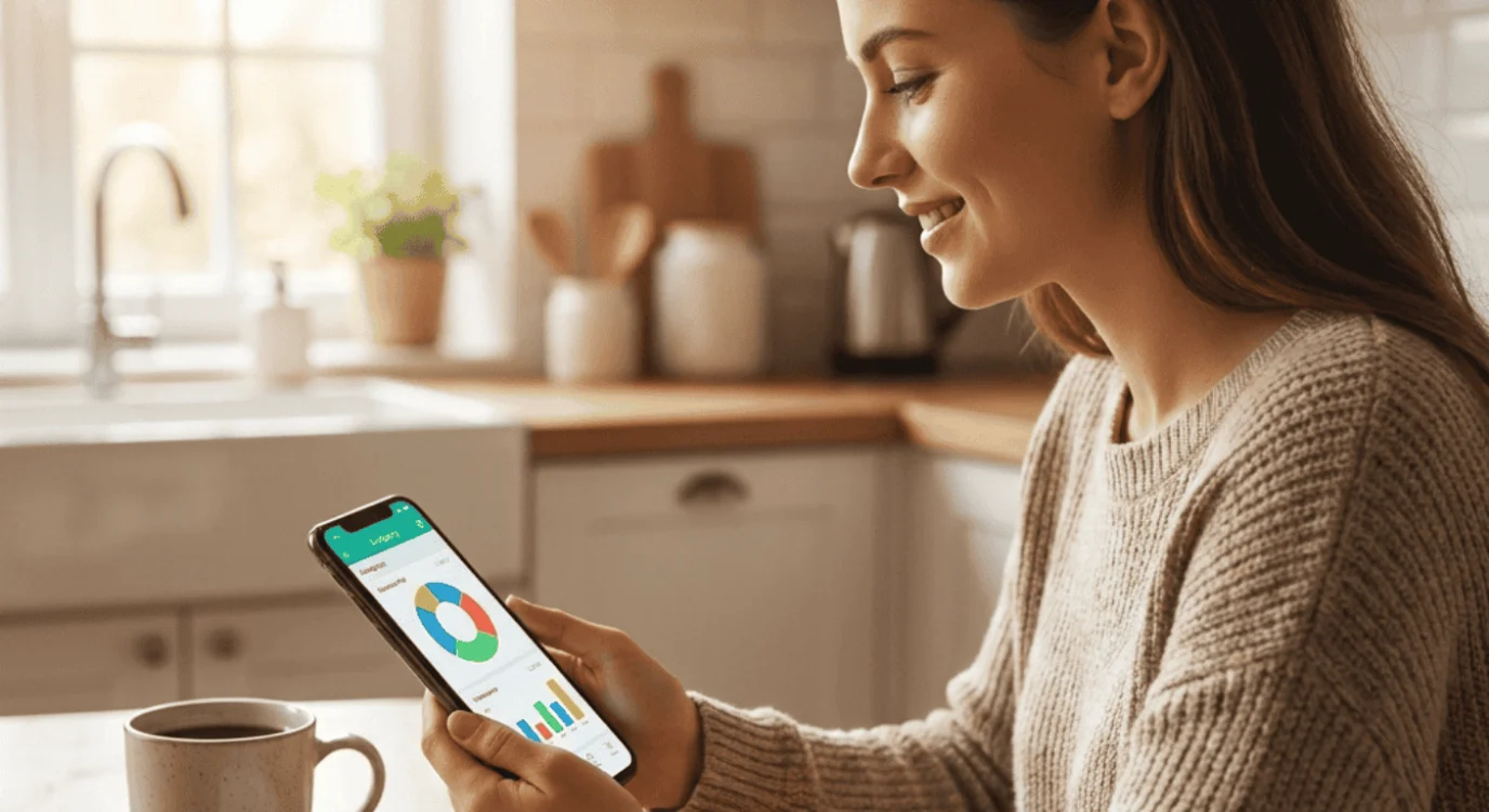 Best budgeting apps 2026: woman checking a budgeting app with spending charts on her phone