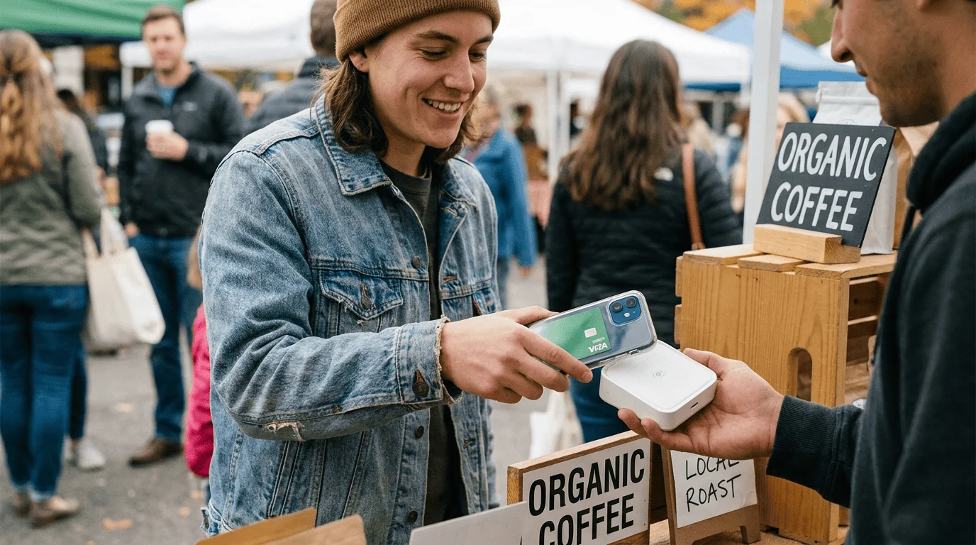 Cash App review: a shopper paying with a phone at a farmers market stall