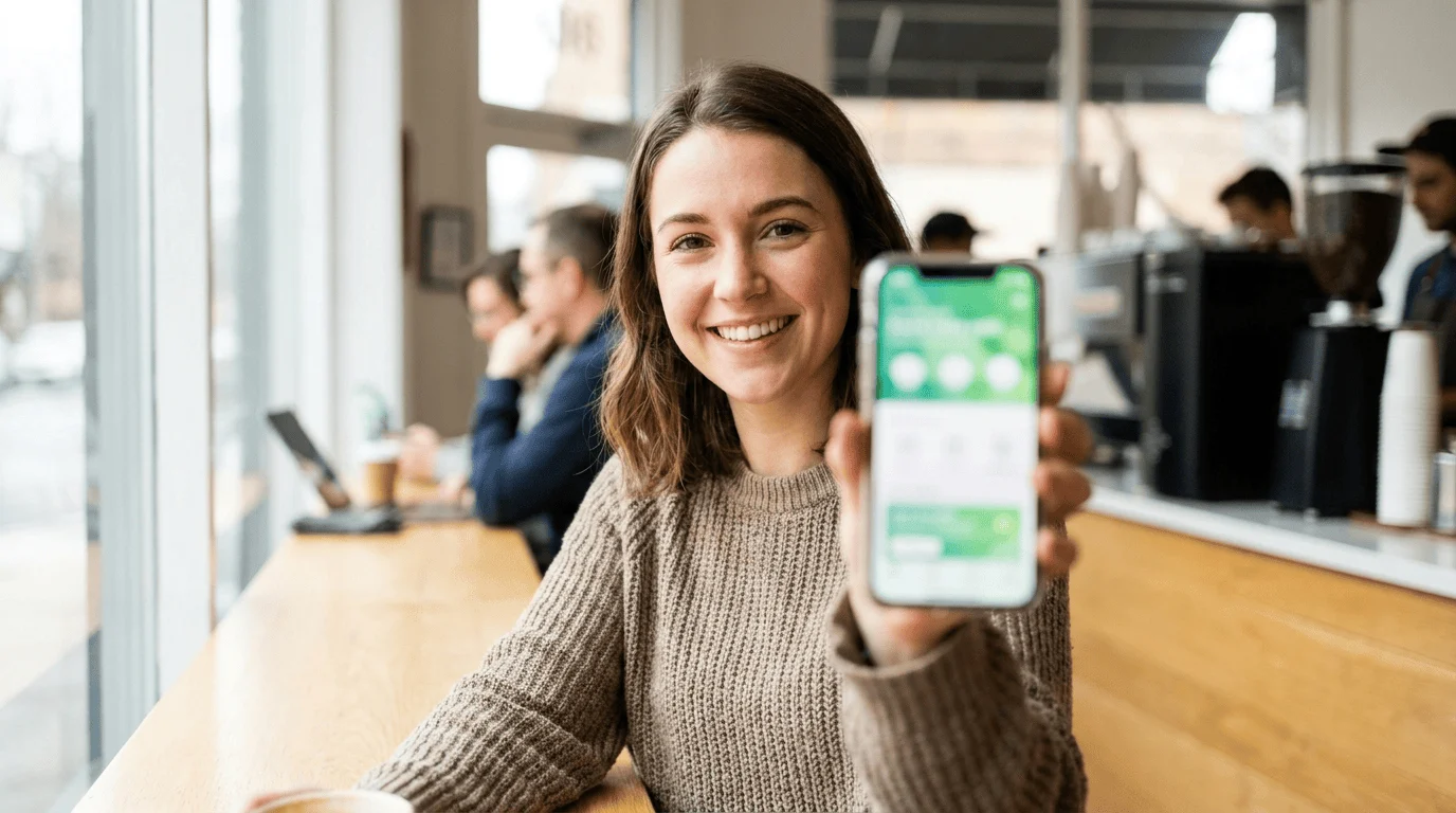 Smiling woman showing a banking app on her phone in a coffee shop, illustrating our Chime review
