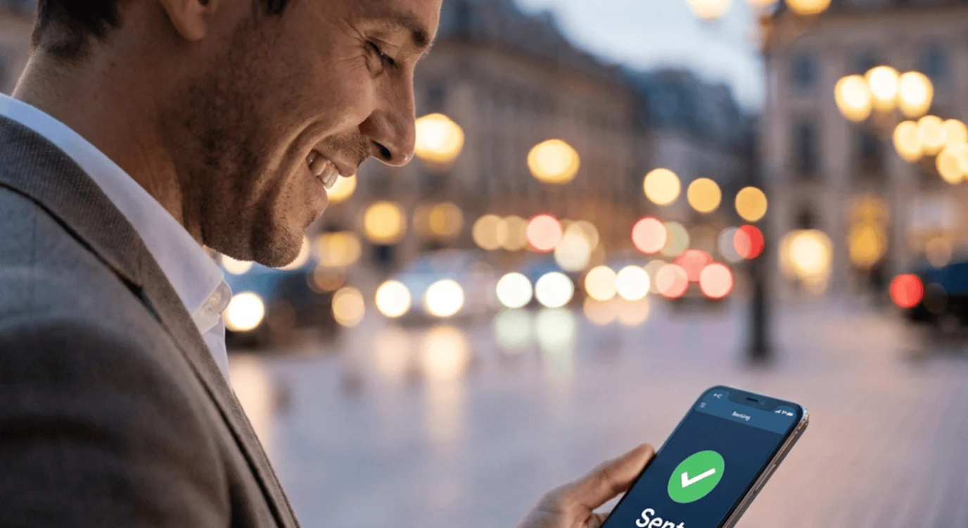Instant bank transfer confirmed in seconds on a mobile banking app